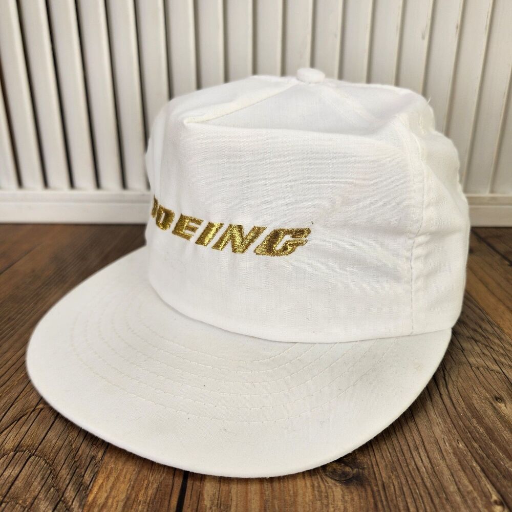 VTG Boeing Snapback Hat Made In USA Corporate Promo White Gold 90s Cap Aviation